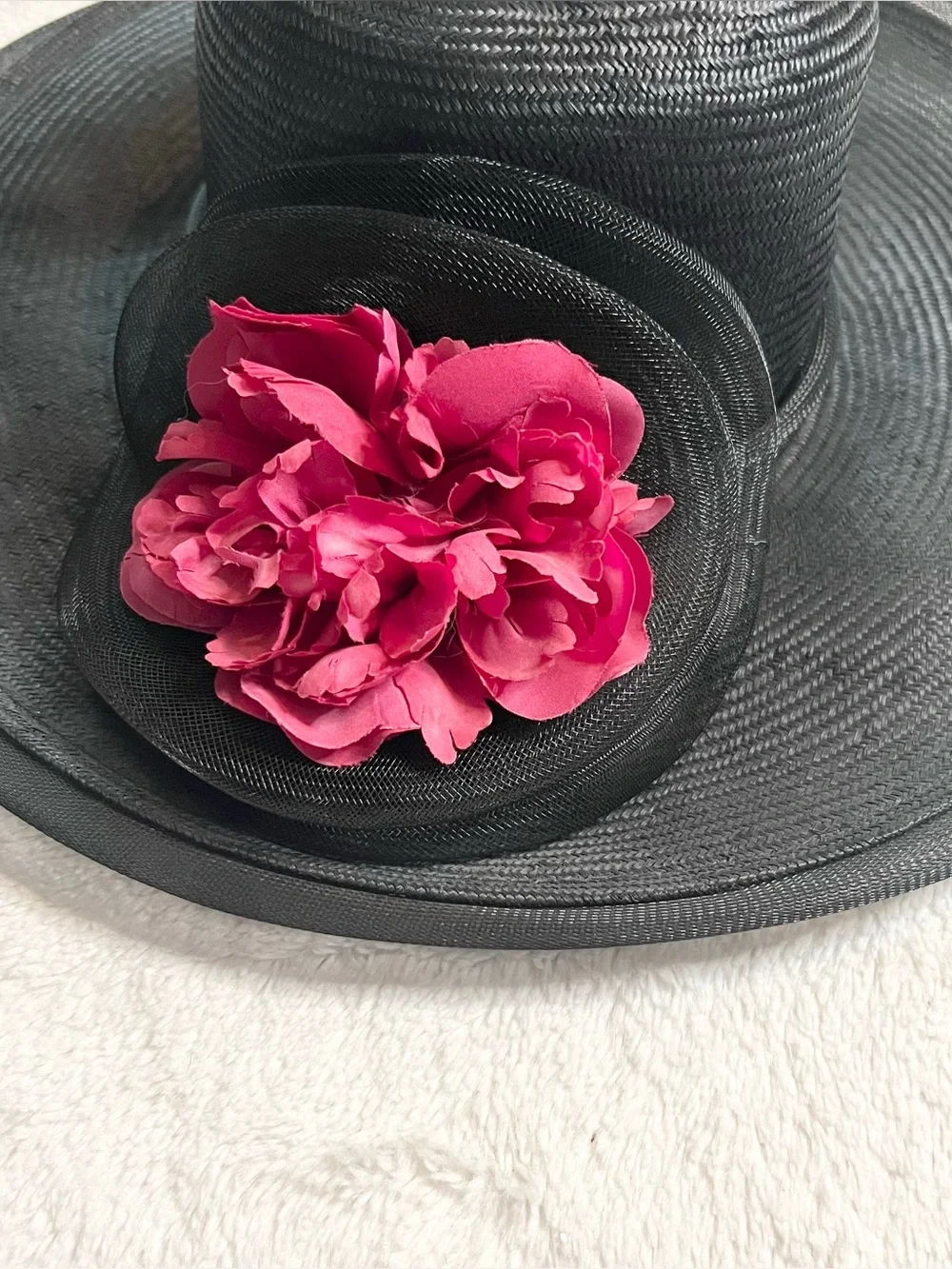 Vintage Plaza Suite by Betmar Black Wide Brim Derby Hat with Rose Fascinator